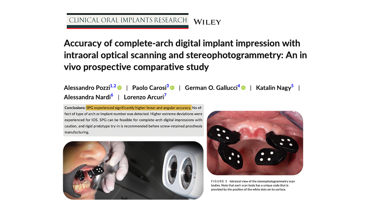 An in vivo prospective comparative study: Accuracy of complete‐arch digital implant impression with intraoral optical scanning and stereo-photogrammetry
